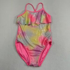 More Than Magic Ruffle Top Leotard Girls Size Xl 14/16 Pink Stretch Racer Back